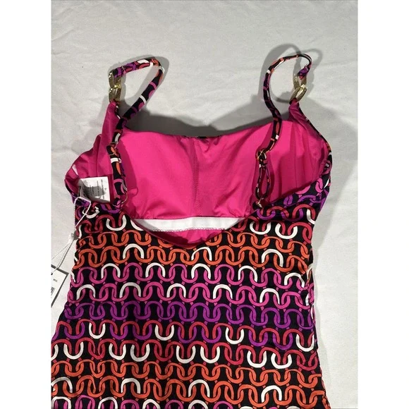 NWT $172‎ Trina Turk [ 12 ] Echo Scoop Neck One Piece Swimsuit Pink Black 6938 - Picture 7 of 9